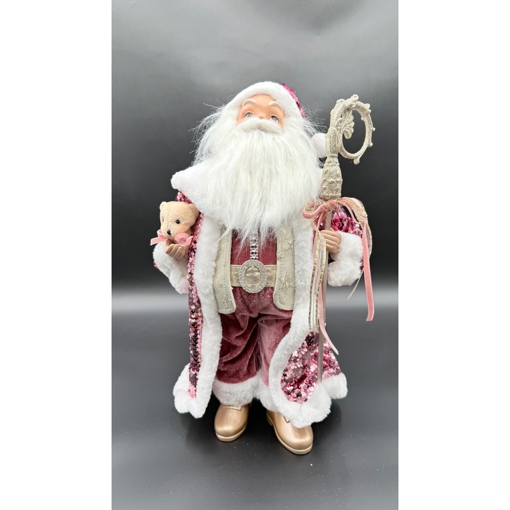 Pink Sequin Santa Claus Figurine 18 Inch Christmas Decor Gold Staff Teddy Bear